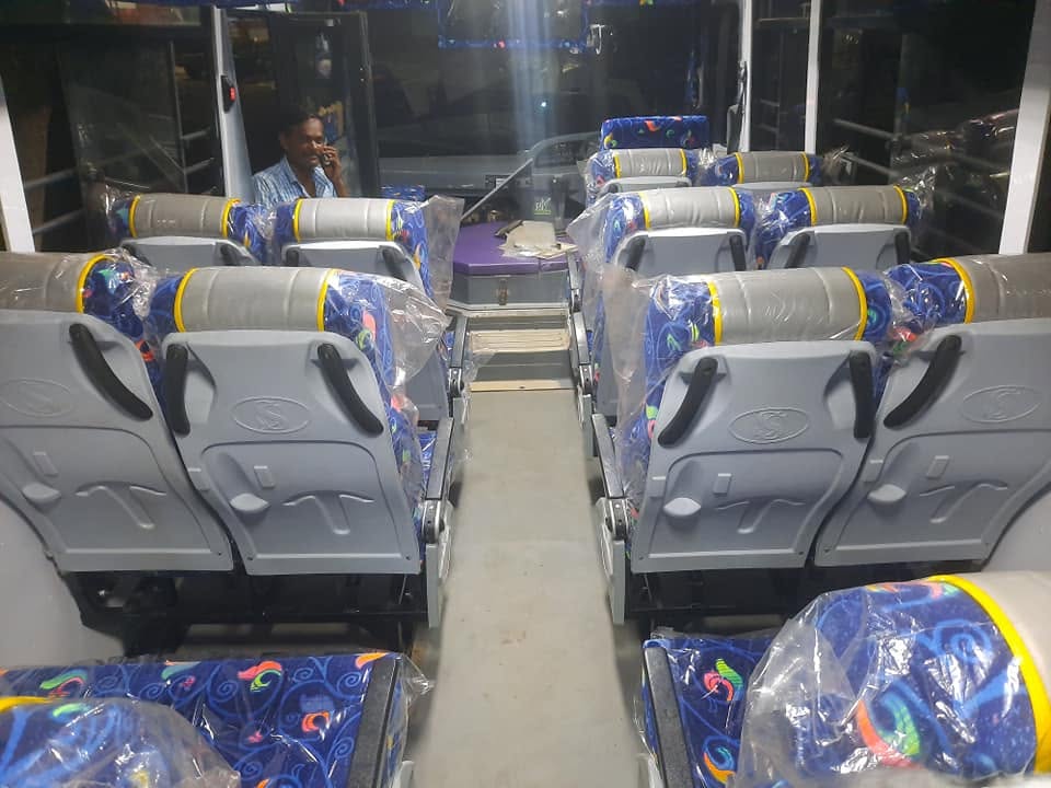 Rows of finished push-back seats installed in a bus